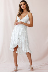 Blessed Wrap Ruffle Hem Midi Dress Dot Print White